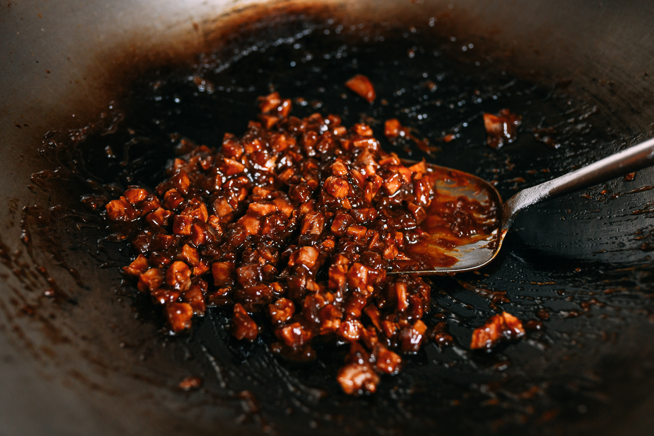 Char siu bao filling in wok