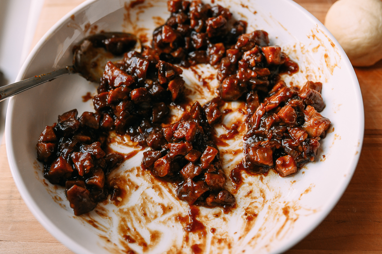 Char siu bao filling in small piles