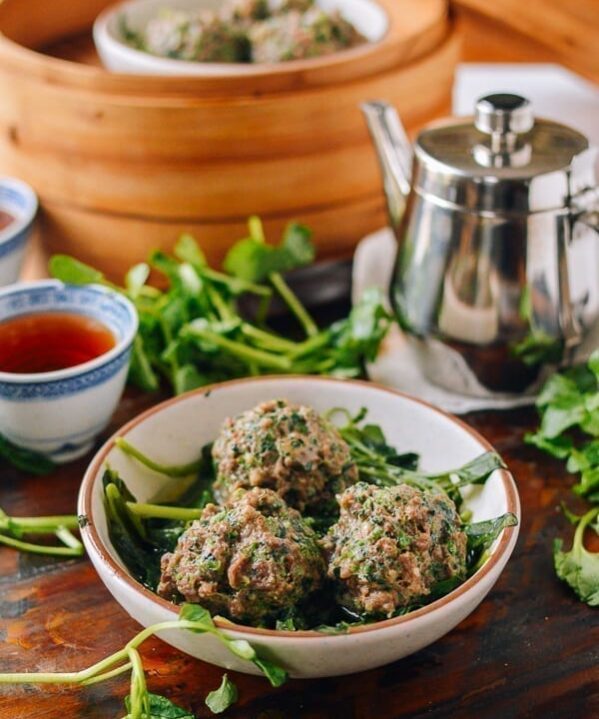 Watercress Steamed Meatballs, thewoksoflife.com