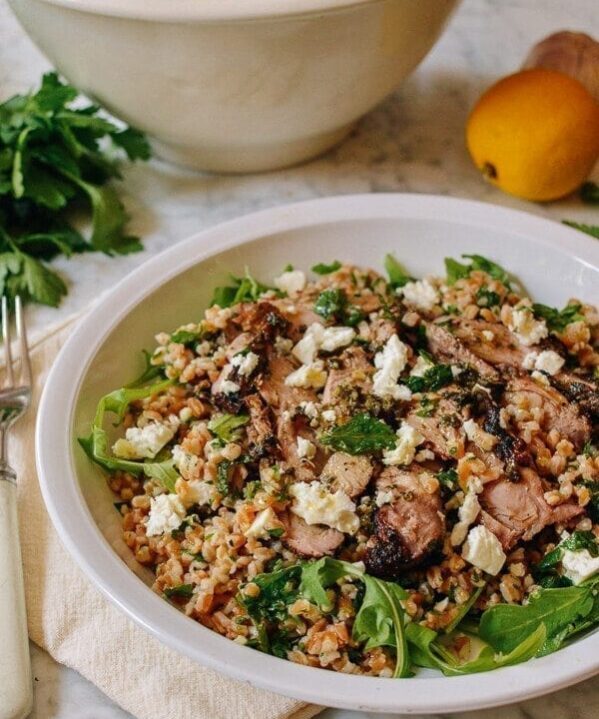 Farro Salad with Grilled Turkey, Lemon, Herbs & Feta, by thewoksoflife.com