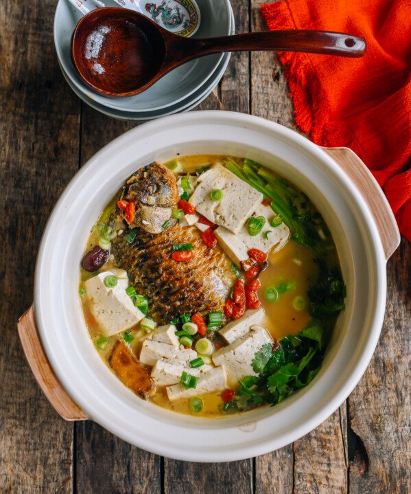 Chinese Milky Fish Soup with Tofu, Red Dates, and Goji Berries