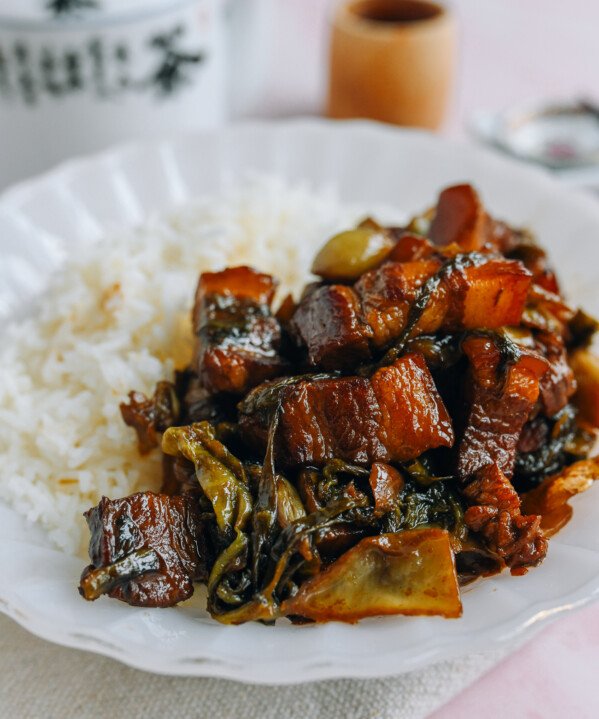 Pork Belly with Sour Pickled Mustard Greens over rice