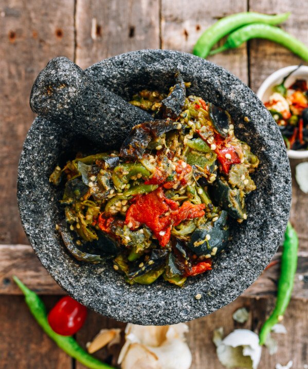 Smashed roasted peppers with century eggs